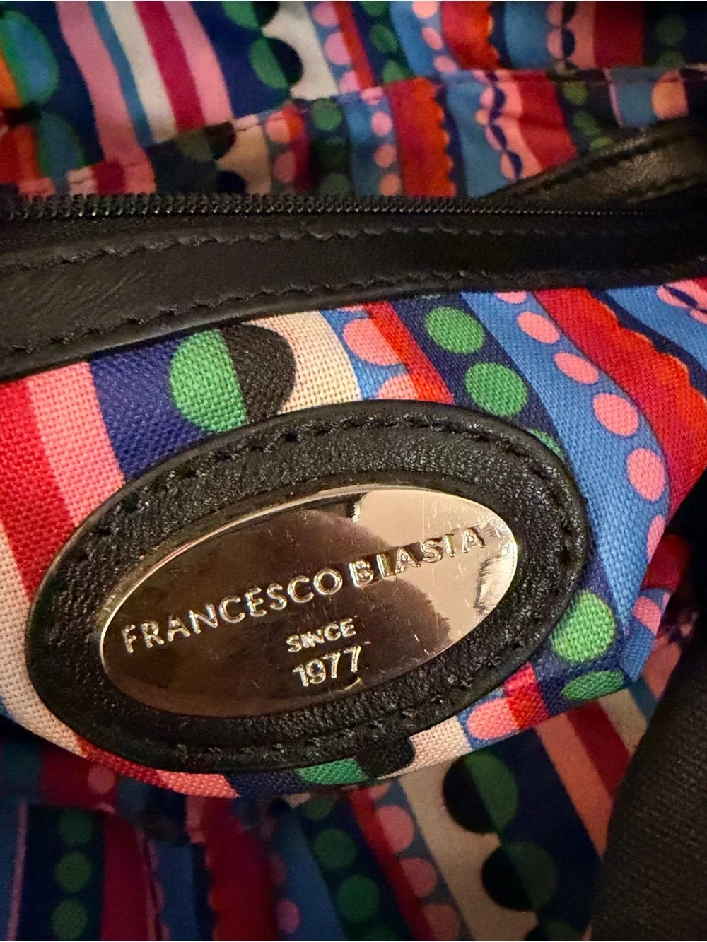 Francesco Biasia Multicolor Striped & Polka Dot Tote with Black Trim